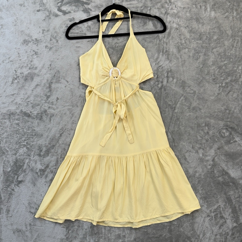 Yellow Halter Cutout Dress S Tie Back Flowy Ruffle Hem Beach‎ Resort Vactation